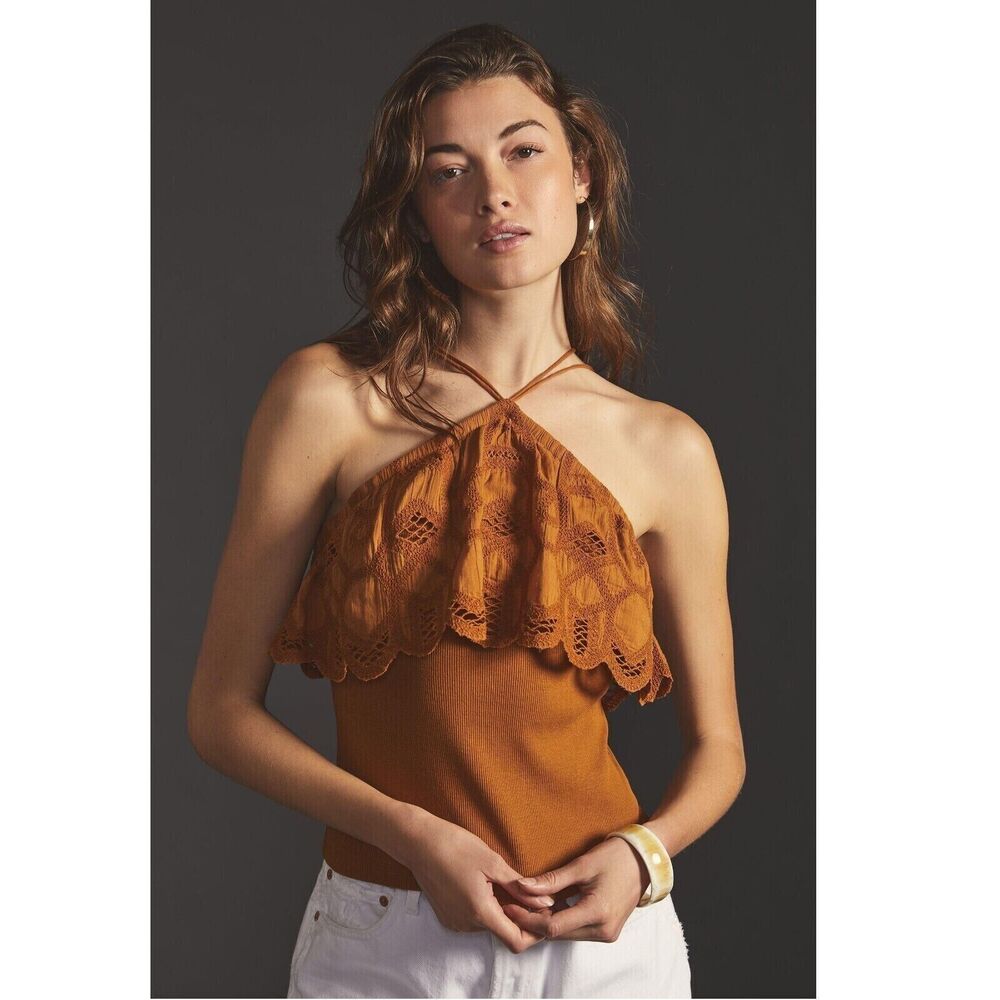 Anthropologie Burnt Orange Lace Halter Tank Top